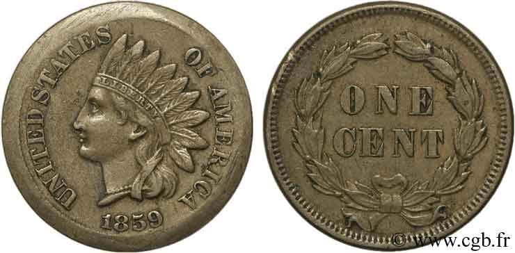 UNITED STATES OF AMERICA 1 Cent tête d’indien 1859 Philadelphie XF 