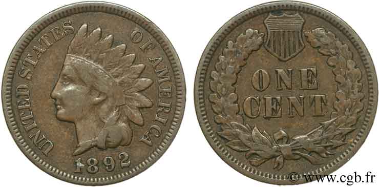 UNITED STATES OF AMERICA 1 Cent tête d’indien, 3e type 1892 Philadelphie XF 