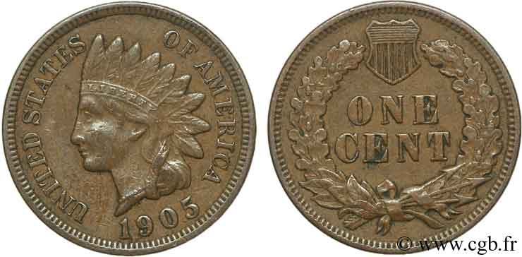 UNITED STATES OF AMERICA 1 Cent tête d’indien, 3e type 1905 Philadelphie XF 