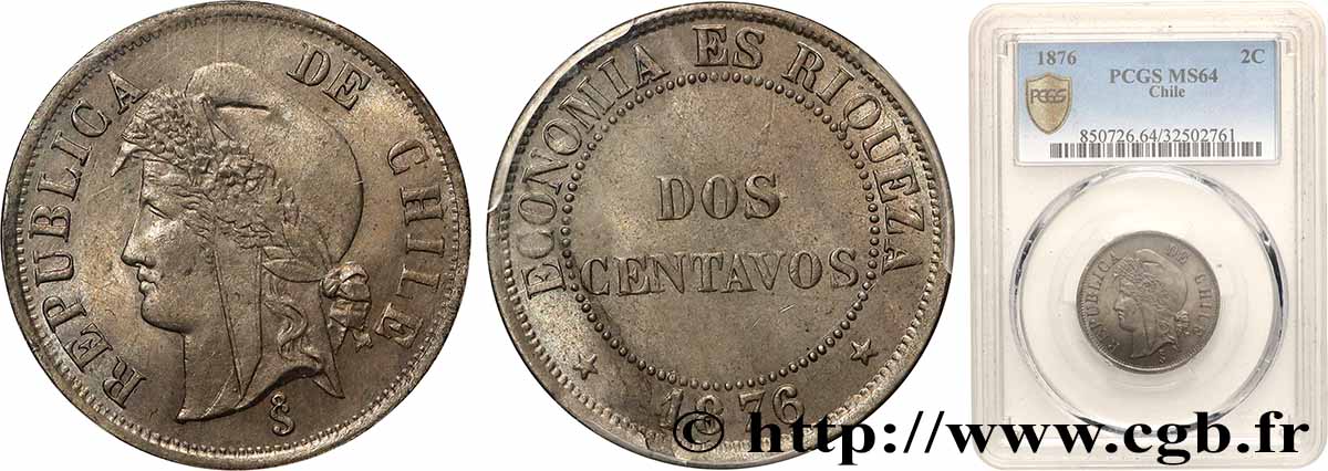 CHILE 2 Centavos  1876 Santiago - S° MS64 PCGS