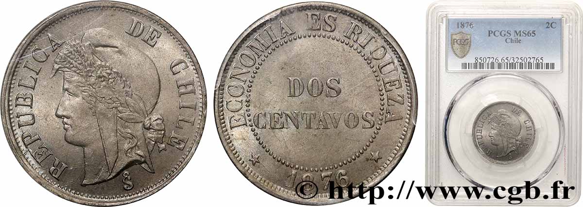 CHILI 2 Centavos  1876 Santiago - S° FDC65 PCGS