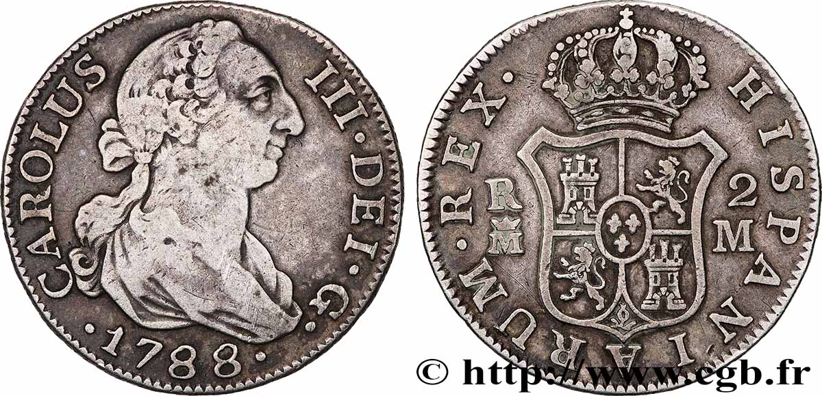 SPAIN - KINGDOM OF SPAIN - CHARLES III 2 Reales  1788 Madrid VF 