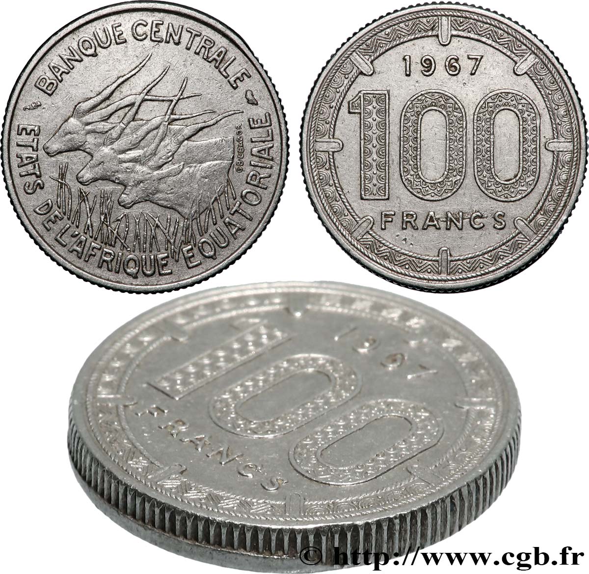 ÉTATS DE L&nbsp;AFRIQUE ÉQUATORIALE 100 Francs antilopes 1967 Paris TTB+ 