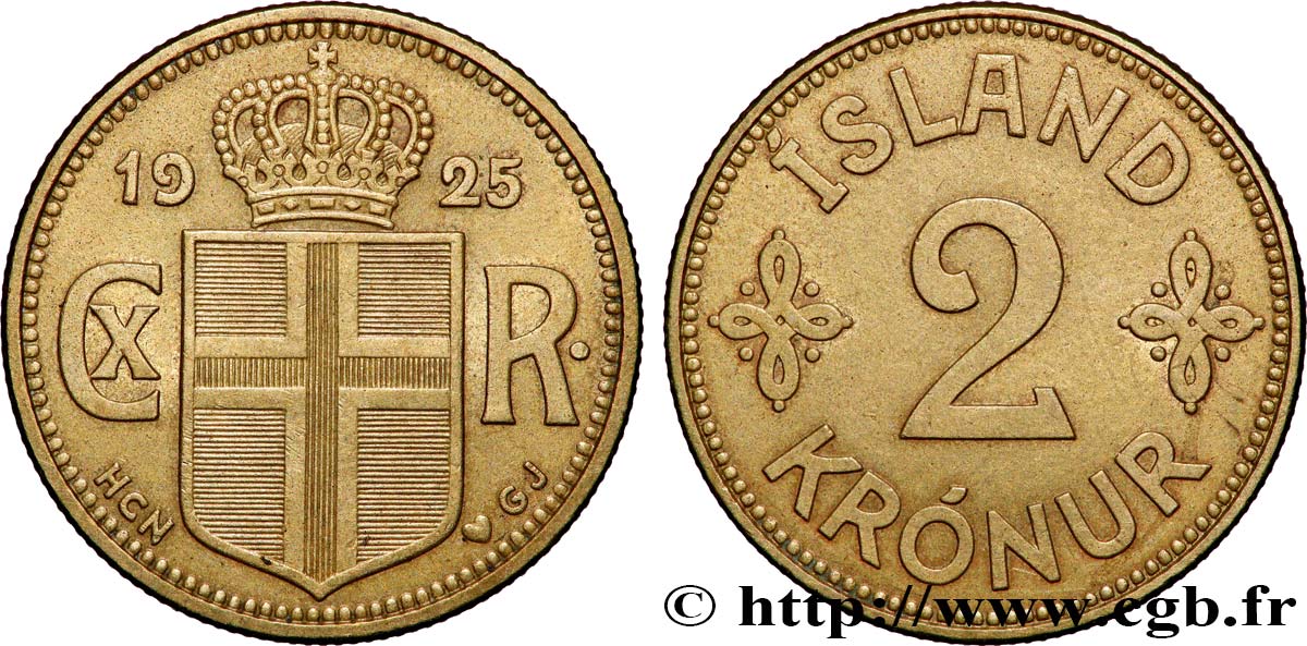 ICELAND 2 Kronur Christian X 1925  AU 