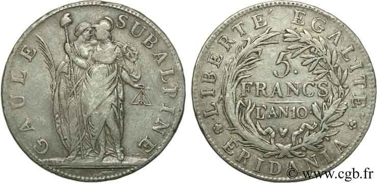 ITALY - SUBALPINE REPUBLIC 5 Francs Gaule Subalpine 1801 an 10 Turin VF 
