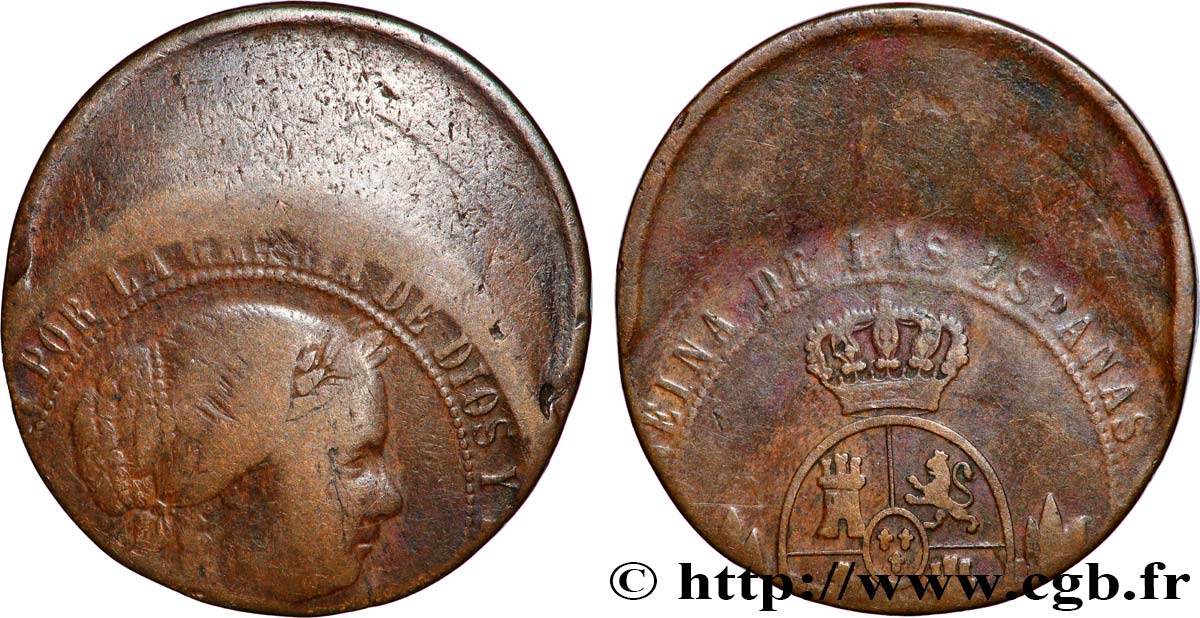 ESPAGNE 2 1/2 Centimos de Escudo Isabelle II, frappe casquette n.d. Atelier Indéterminé TB+ 