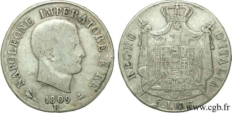 ITALIA - REINO DE ITALIA - NAPOLEóNE I 5 Lire Napoléon Empereur et Roi d’Italie tranche en relief 1809 Bologne - B BC 