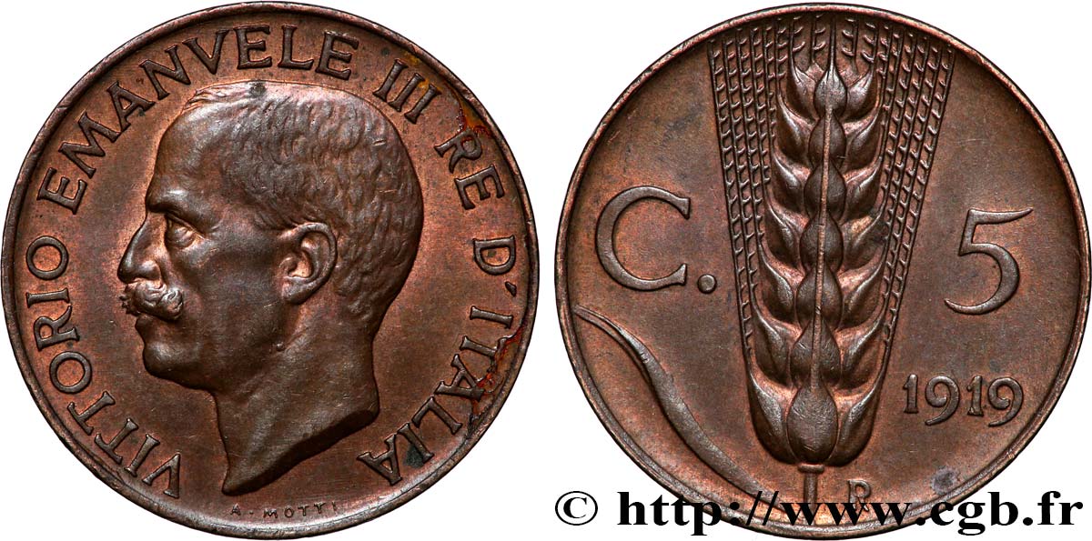 ITALIE 5 Centesimi  Victor Emmanuel III 1919 Rome - R TTB+ 