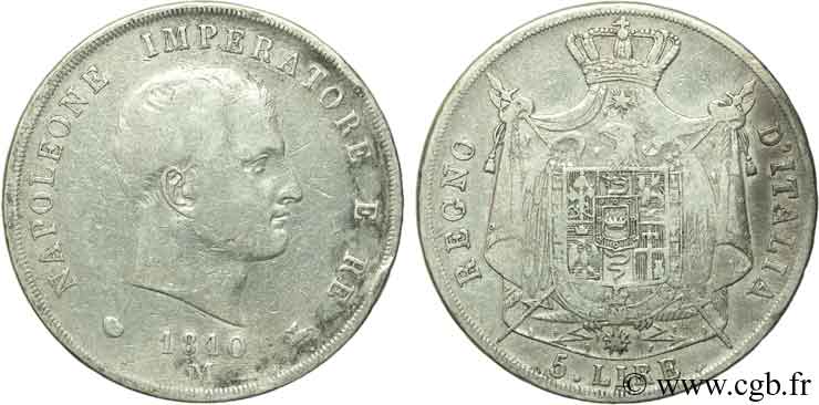 ITALY - KINGDOM OF ITALY - NAPOLEON I 5 Lire Napoléon Empereur et Roi d’Italie tranche en creux 1810 Milan - M VF 