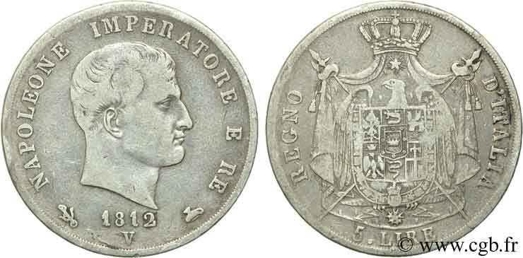 ITALIA - REGNO D ITALIA - NAPOLEONE I 5 Lire Napoléon Empereur et Roi d’Italie tranche en creux 1812 Venise - V q.BB 