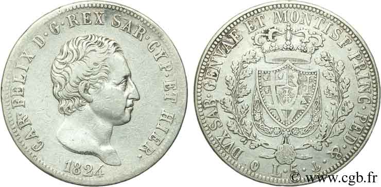 ITALY - KINGDOM OF SARDINIA 5 Lire Charles Félix, roi de Sardaigne 1824 Gênes VF 