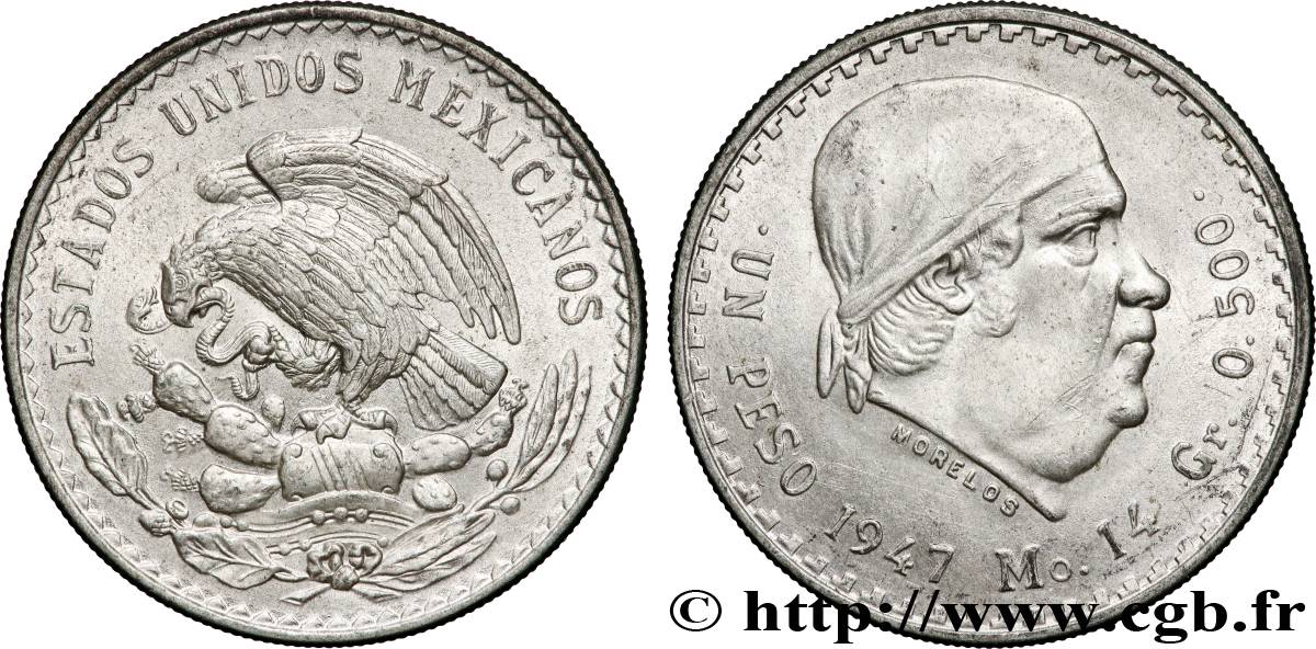 MEXIQUE 1 Peso Jose Morelos y Pavon 1947 Mexico TTB+ 