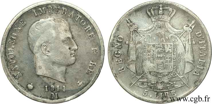 ITALIA - REINO DE ITALIA - NAPOLEóNE I 5 Lire Napoléon Empereur et Roi d’Italie tranche en creux petites lettres 1811 Milan - M BC+ 