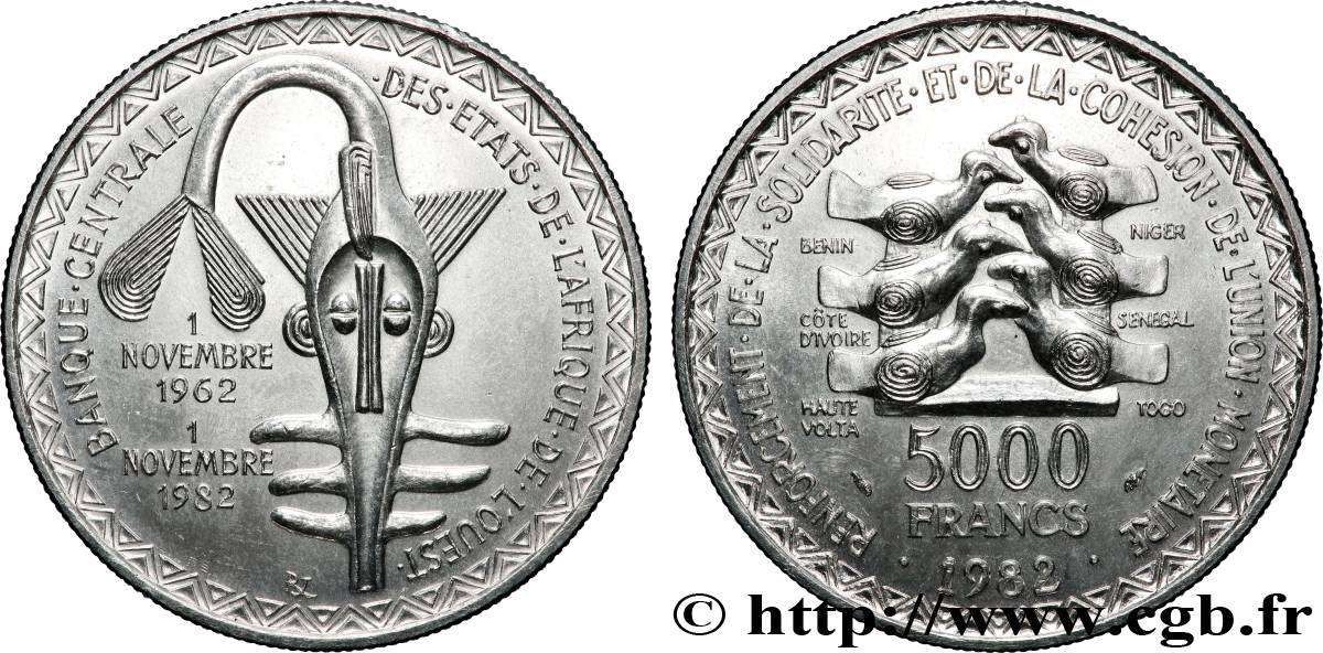 ÉTATS DE L&nbsp;AFRIQUE DE L&nbsp;OUEST (BCEAO) 5000 Francs masque 1982 Paris SUP 