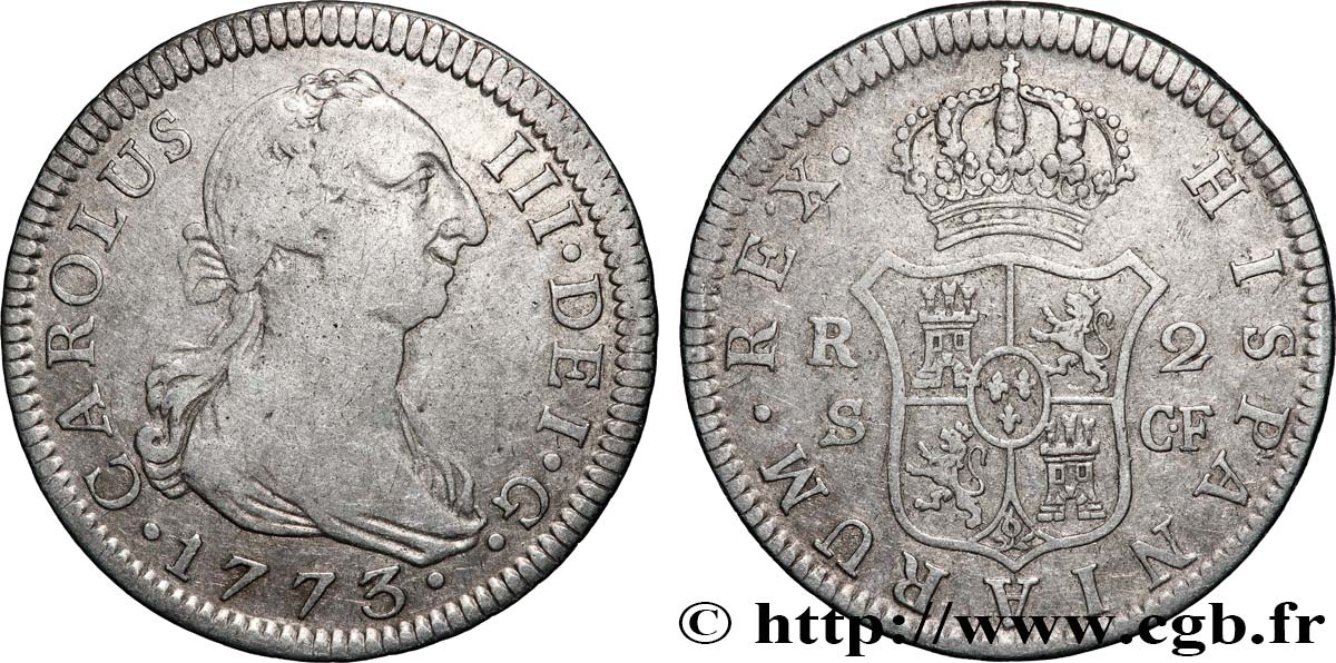 ESPAGNE - ROYAUME D&nbsp;ESPAGNE - CHARLES III 2 Reales  1773 Séville TB+ 