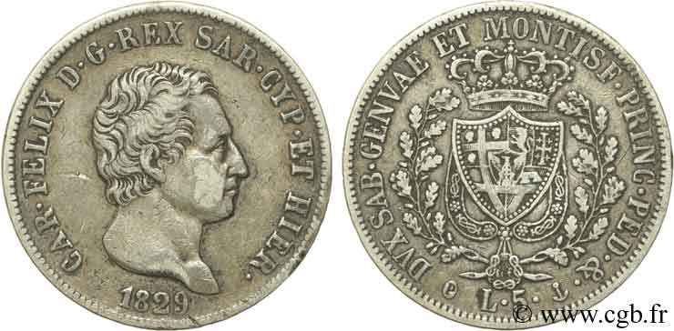 ITALY - KINGDOM OF SARDINIA 5 Lire Charles Félix 1829 Gênes XF 