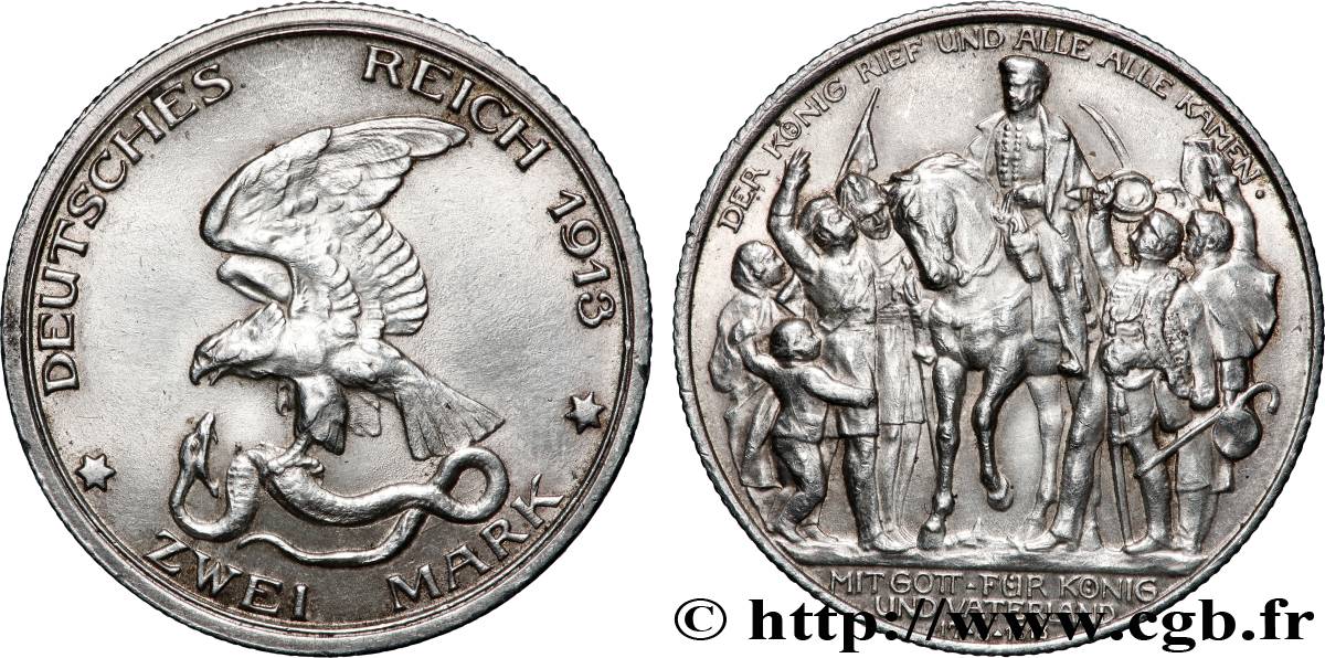 ALLEMAGNE - PRUSSE 2 Mark 100e anniversaire défaite de Napoléon 1913 Berlin SUP 