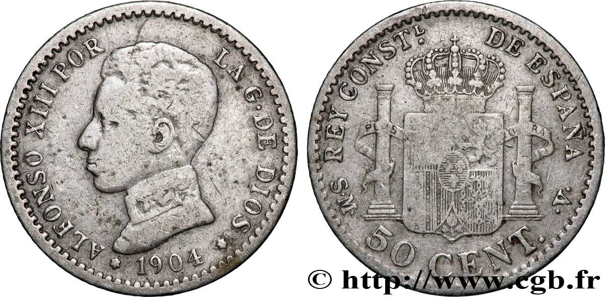 SPAIN 50 Centimos Alphonse XIII S.M.-.V. 1904 Madrid VF 
