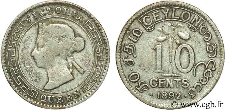 CEYLON 10 Cents Victoria 1892  VF 