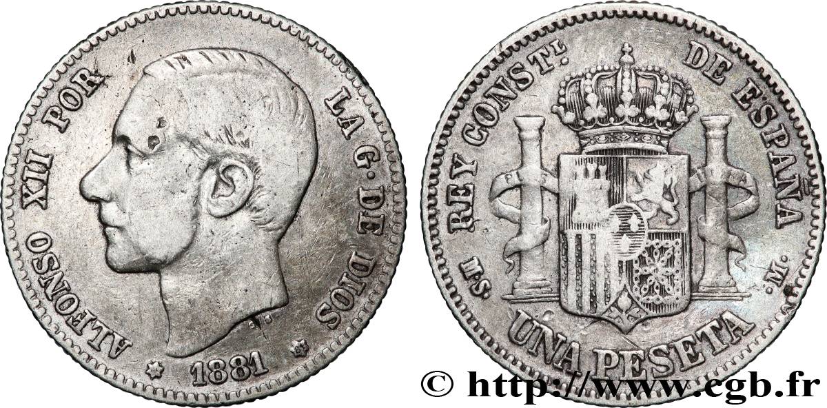 SPAIN 1 Peseta Alphonse XII (1881) 1881 Madrid VF 