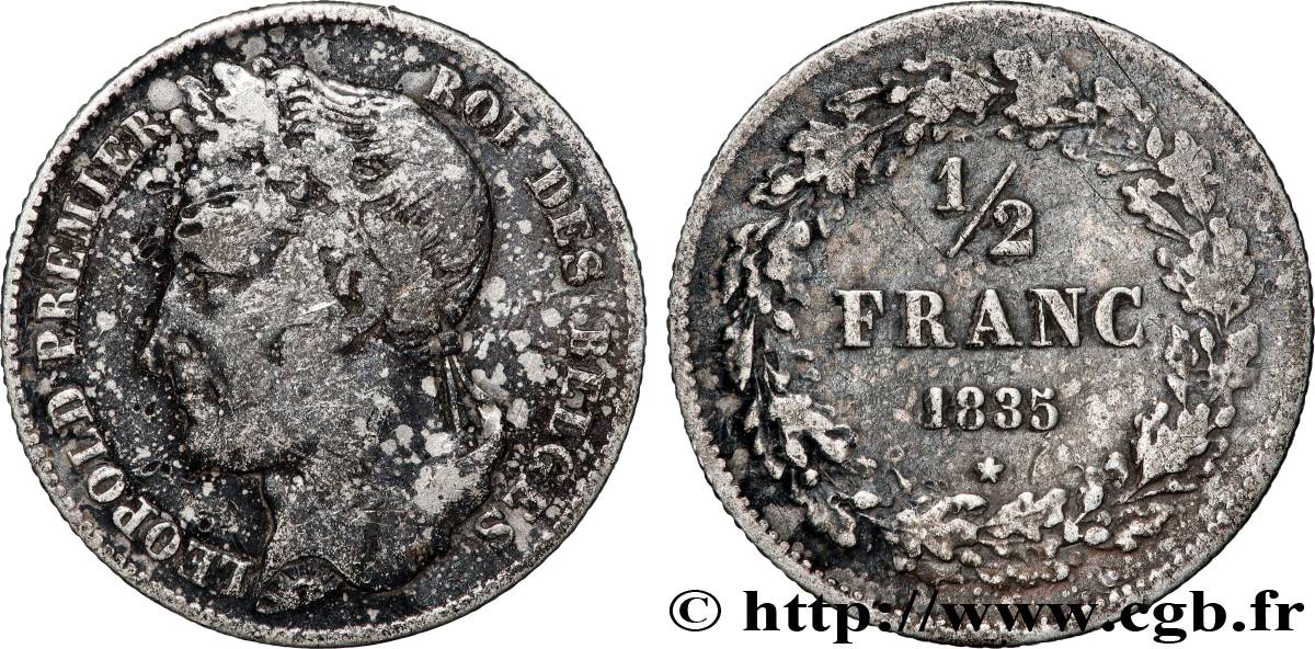 BELGIQUE 1/2 Franc Léopold tête laurée 1835  TB+ 