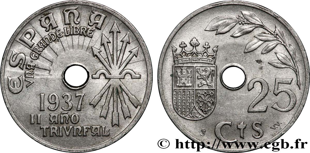 ESPAGNE 25 Centimos monnayage nationaliste 1937 Vienne SUP 