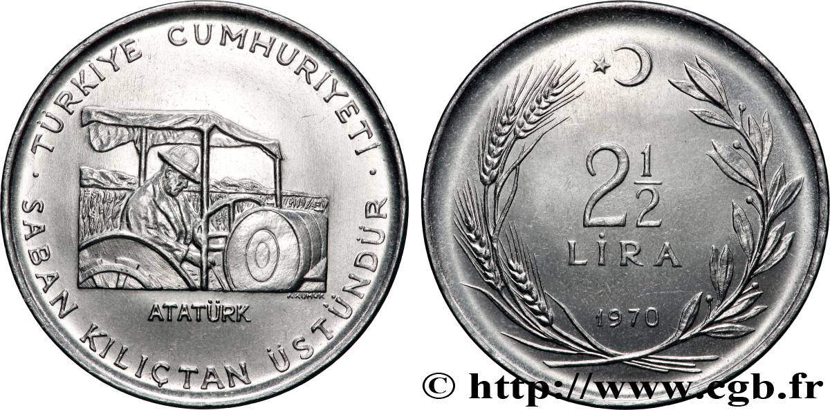 TURQUIE 2 1/2 Lira FAO : Atatürk conduisant un tracteur 1970 Istanbul SPL 