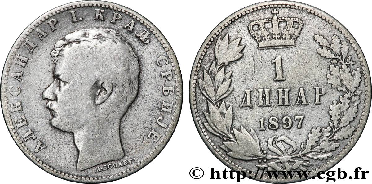 SERBIE 1 Dinar Alexandre Ier 1897 Paris TB 