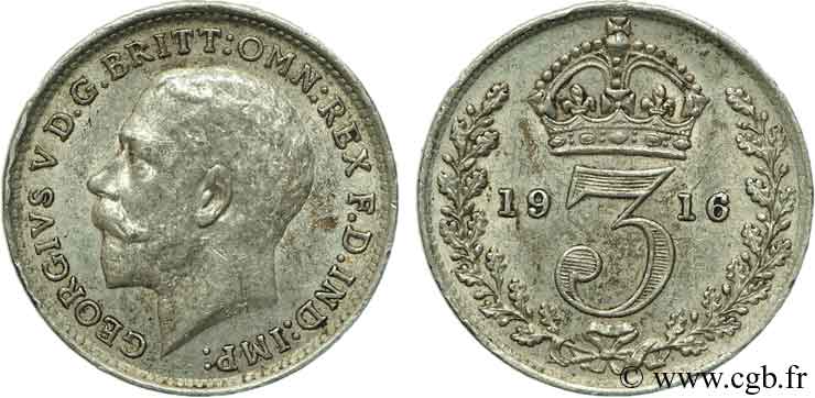 VEREINIGTEN KÖNIGREICH 3 Pence Georges VI / couronne 1916  VZ 