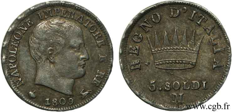 ITALIA - REGNO D ITALIA - NAPOLEONE I 5 Soldi Napoléon Empereur et Roi d’Italie 1809 Milan - M SPL 