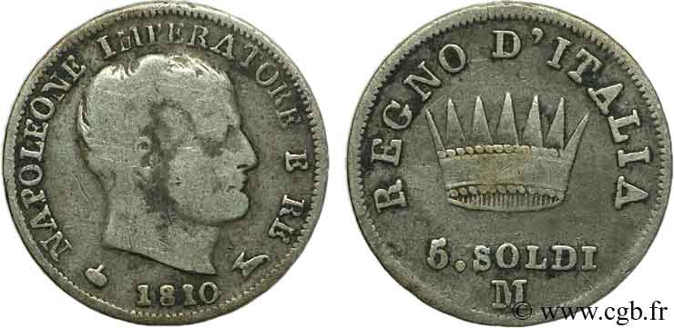 ITALIA - REGNO D ITALIA - NAPOLEONE I 5 Soldi Napoléon Empereur et Roi d’Italie 1810 Milan - M q.BB 