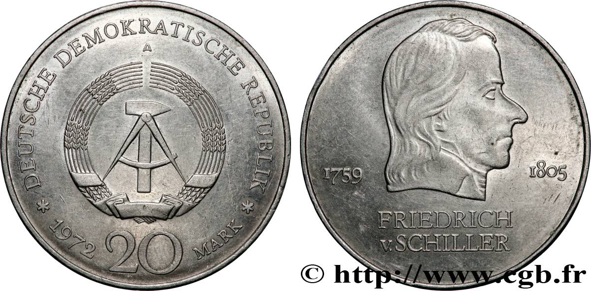 ALLEMAGNE RÉPUBLIQUE DÉMOCRATIQUE 20 Mark Friedrich von Schiller 1972 Berlin SUP 
