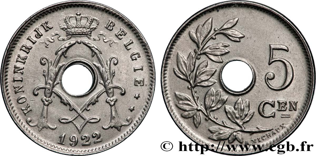 BELGIO 5 Centiemen (Centimes) Albert Ier légende flamande 1922 Bruxelles SPL 