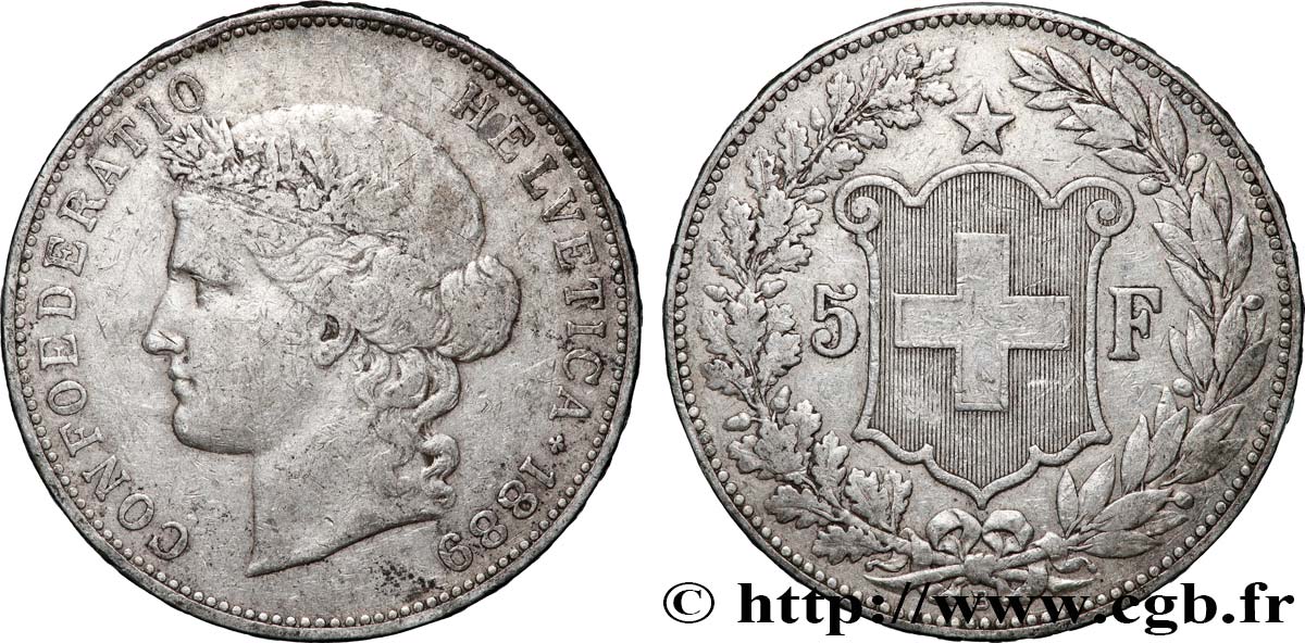 SUIZA 5 Francs Helvetia 1889 Berne MBC 