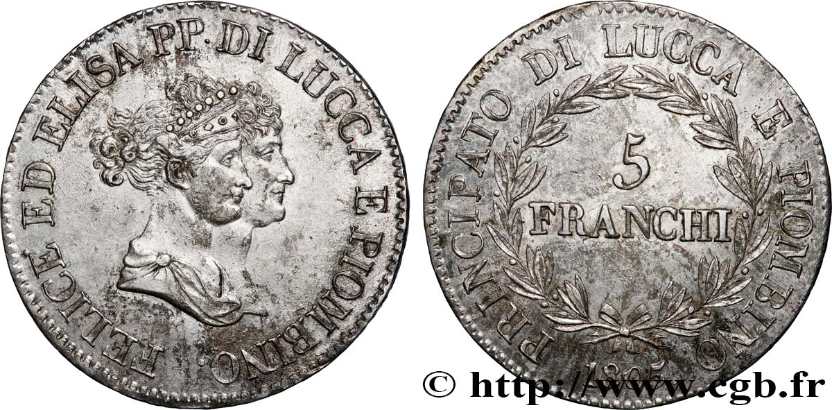 ITALIE - PRINCIPAUTÉ DE LUCQUES ET PIOMBINO - FÉLIX BACCIOCHI et ÉLISA BONAPARTE 5 Franchi - Moyens bustes 1805 Florence TTB+ 