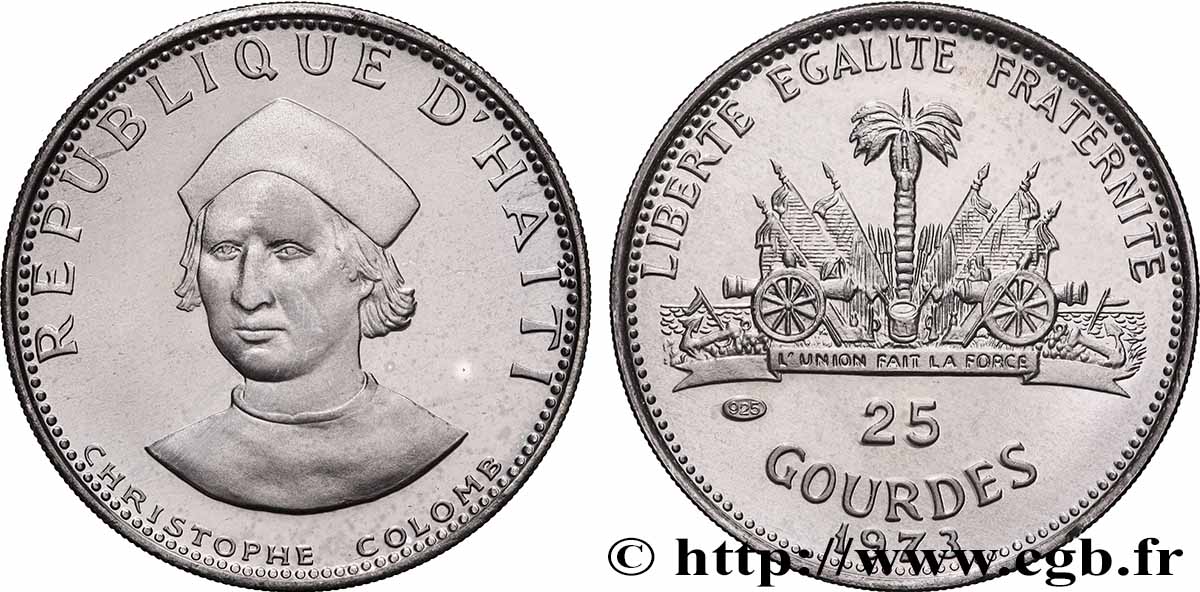 HAITI 25 Gourdes Proof Christophe Colomb 1973  fST 