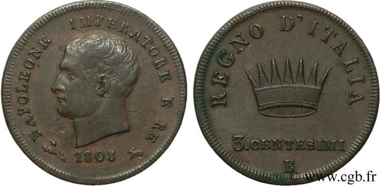 ITALY - KINGDOM OF ITALY - NAPOLEON I 3 Centesimi Napoléon Empereur et Roi d’Italie 1808 Bologne - B XF 