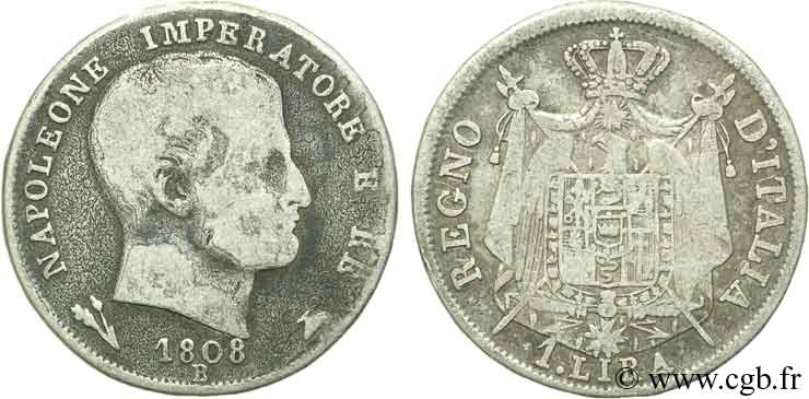 ITALY - KINGDOM OF ITALY - NAPOLEON I 1 Lire Napoléon Empereur et Roi d’Italie, étoiles en relief sur la tranche 1808 Bologne - B VF 