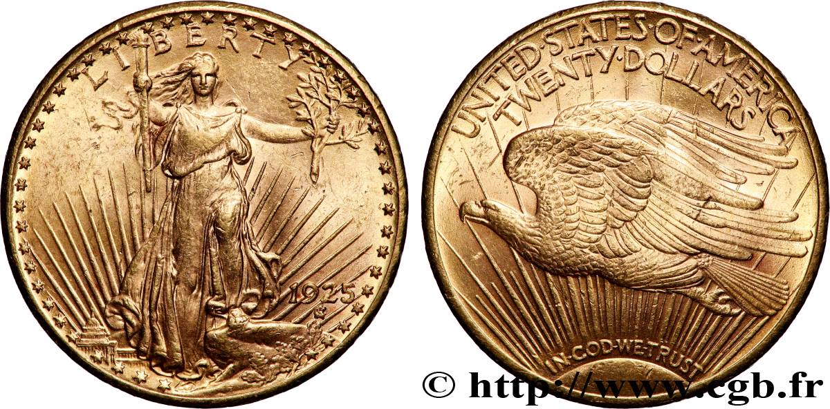 GOLD, PALLADIUM & PLATINUM INVESTMENT 20 Dollars &nbsp;Saint-Gaudens” 1925 Philadelphie AU 