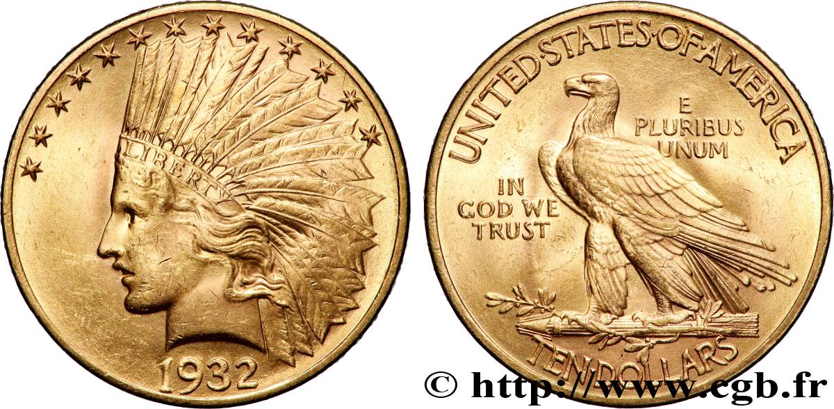 OR, PALLADIUM ET PLATINE INVESTISSEMENT 10 Dollars or &nbsp;Indian Head&nbsp;, 2e type 1932 Philadelphie SUP 
