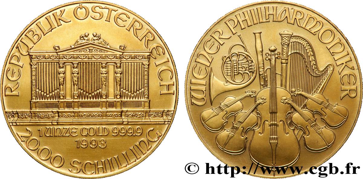 OR, PALLADIUM ET PLATINE INVESTISSEMENT 1 Oz - 2000 Schilling LE PHILARMONIQUE DE VIENNE 1993 Vienne SPL 