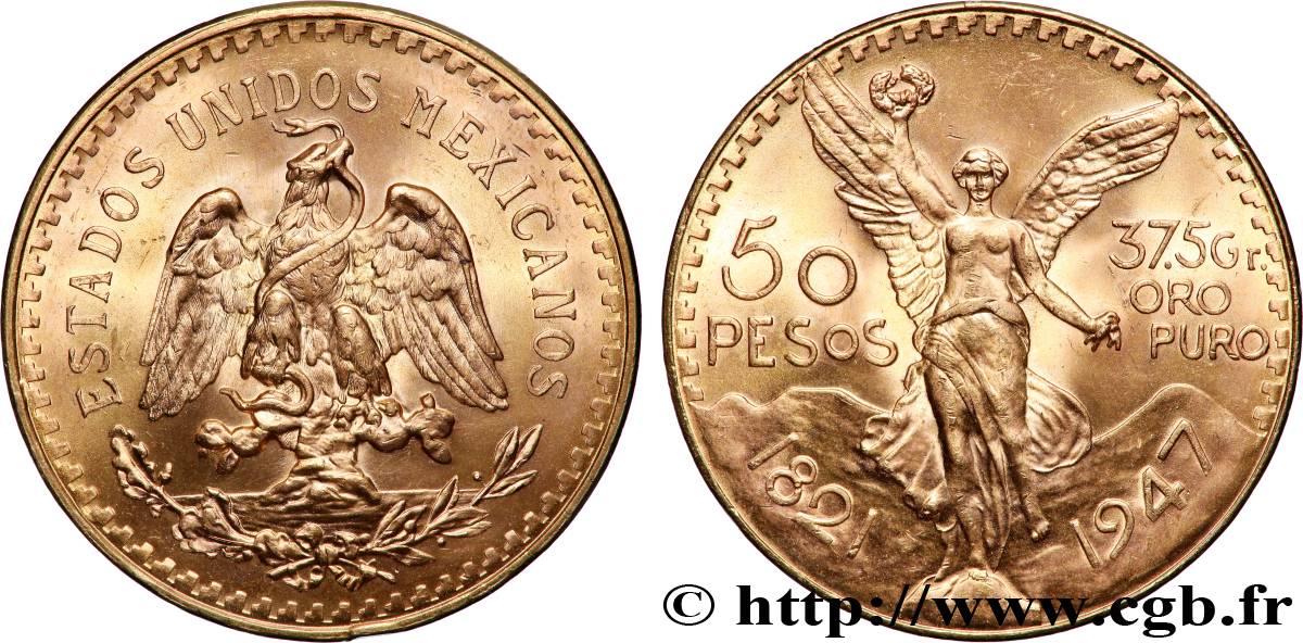 GOLD, PALLADIUM & PLATINUM INVESTMENT 50 Pesos or 1947 Mexico MS 