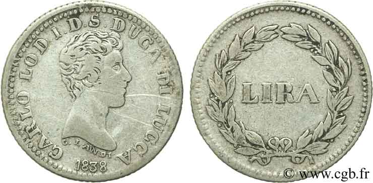 ITALIA - LUCCA 1 Lire Charles-Ludovic de Bourbon, Duché de Lucques 1838  BC+ 