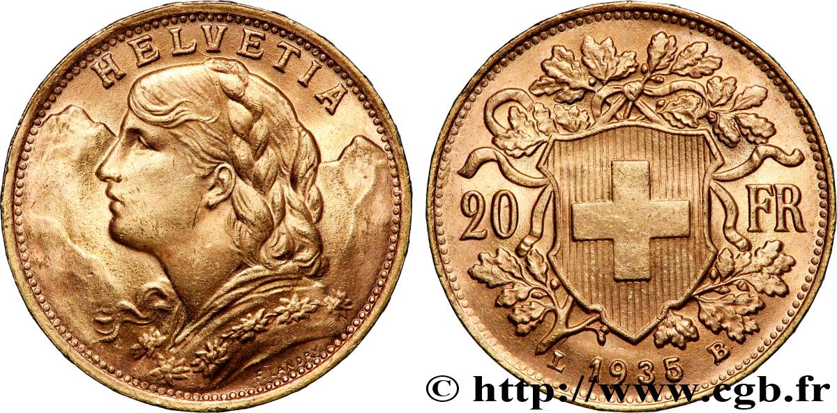 GOLD, PALLADIUM & PLATINUM INVESTMENT 20 Francs &nbsp;Vreneli&nbsp; 1935 Berne MS 