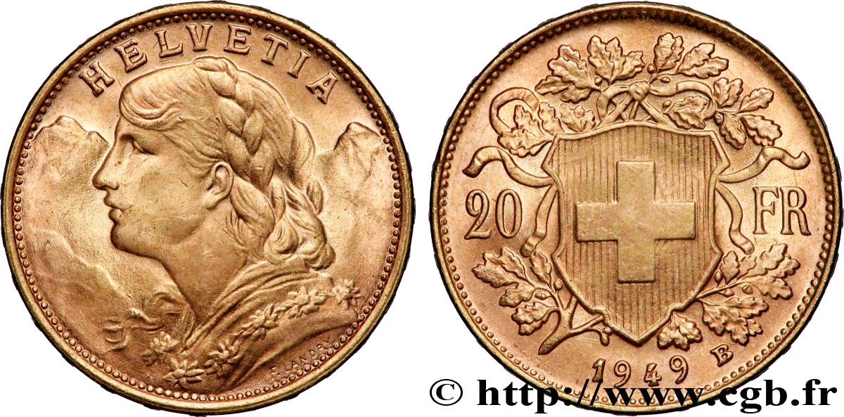 GOLD, PALLADIUM & PLATINUM INVESTMENT 20 Francs or &nbsp;Vreneli&nbsp; 1949 Berne AU 