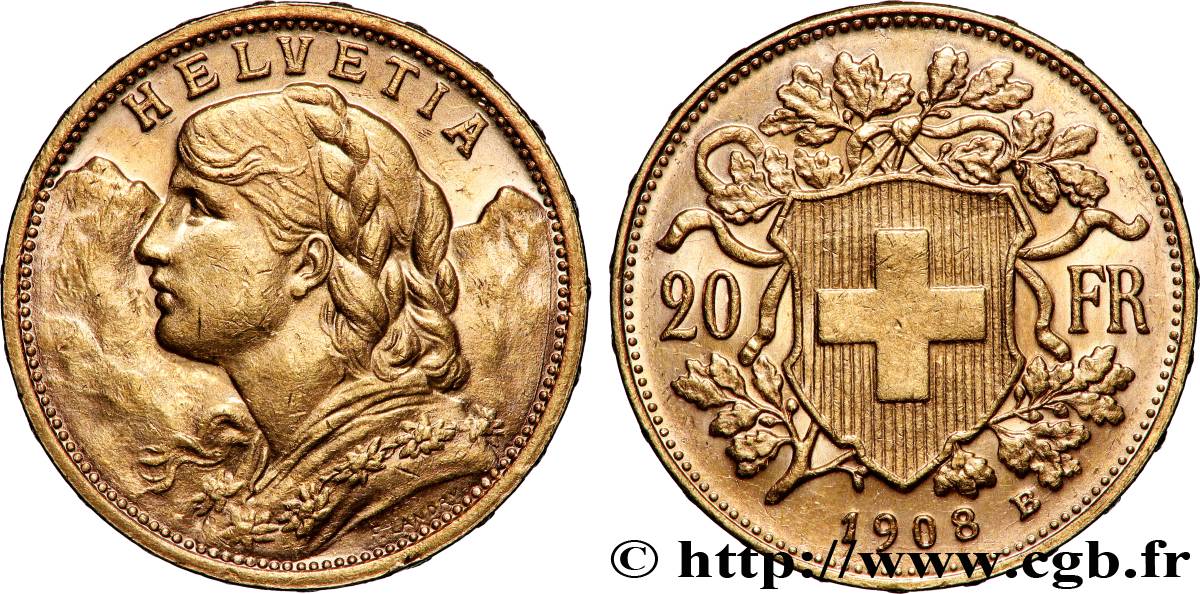 GOLD, PALLADIUM & PLATINUM INVESTMENT 20 Francs &nbsp;Vreneli&nbsp;  1908 Berne AU 