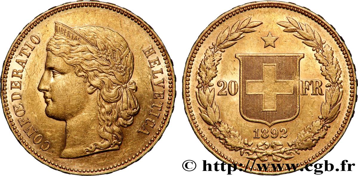 GOLD, PALLADIUM & PLATINUM INVESTMENT 20 Francs Helvetia 1892 Berne AU 