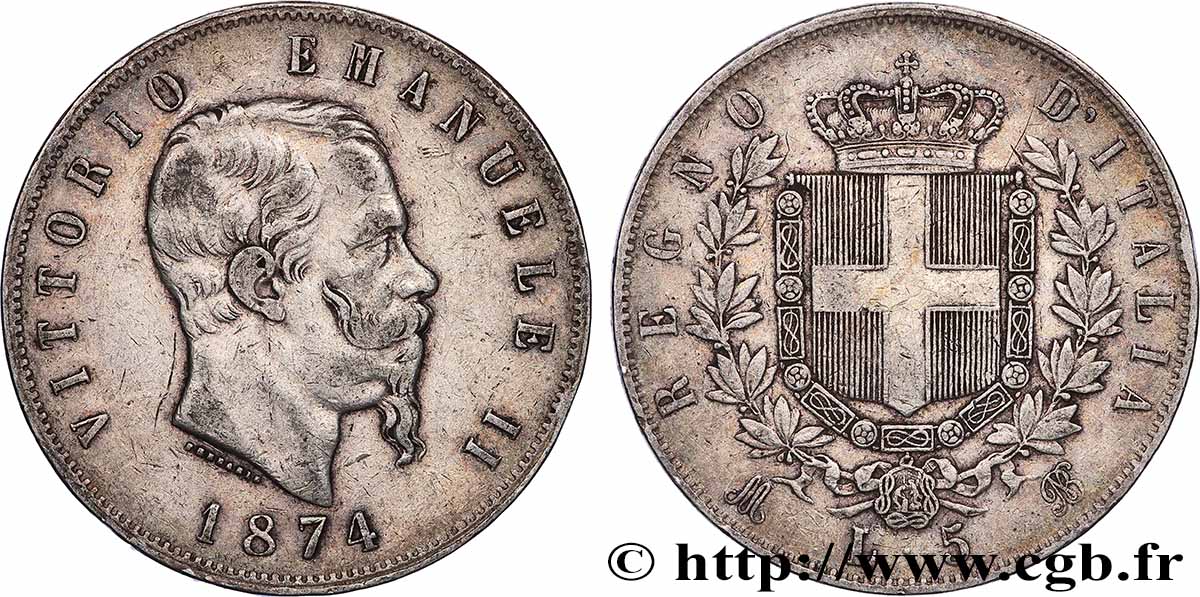 ARGENT D&nbsp;INVESTISSEMENT 5 Lire Victor Emmanuel II 1874 Milan TB+ 
