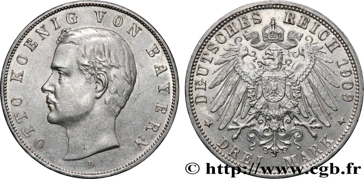 ALLEMAGNE - BAVIÈRE 3 Mark Othon Ier 1909 Munich TTB+ 