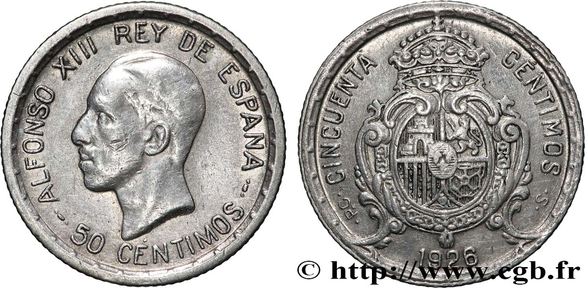 ESPAGNE 50 Centimos Alphonse XIII  1926 Madrid TTB 
